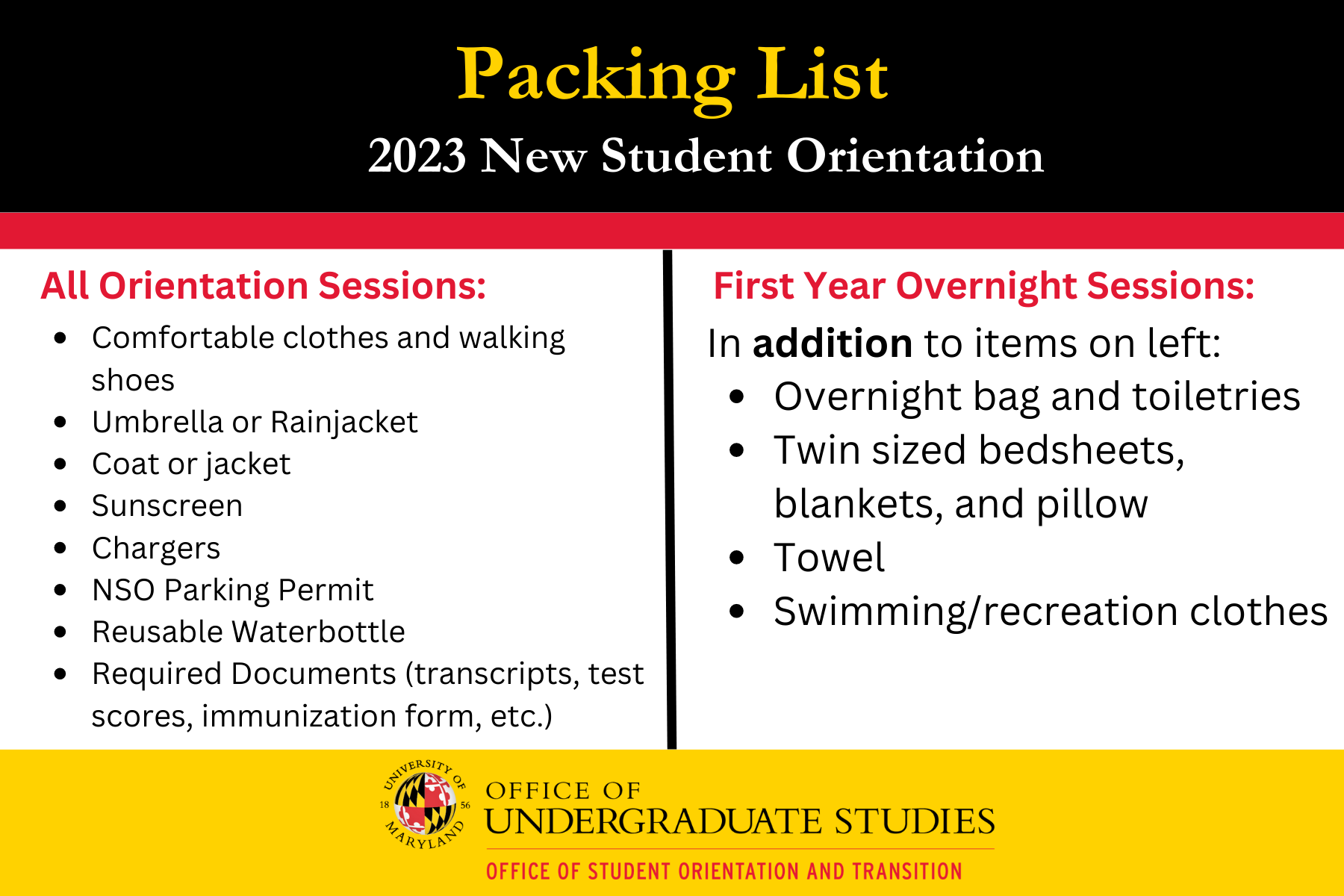 First Year ToDo List UMD Orientation